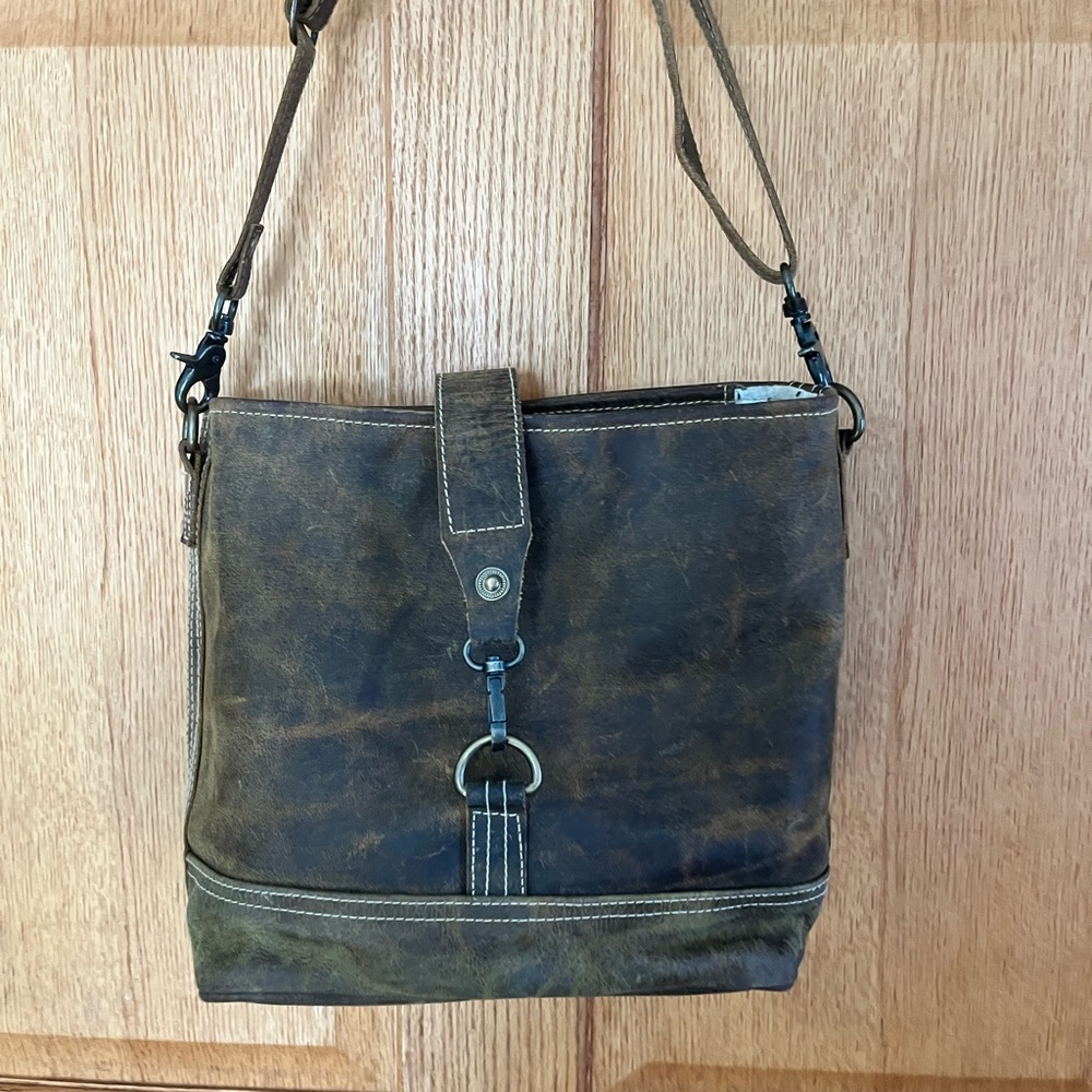 Myra Bag Distressed Brown Leather Crossbody with Metal Ring Detail